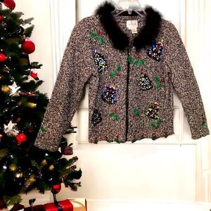 ✔️ Just B Christmas Cardigan with Pin Feather Collar and Bejeweled Details